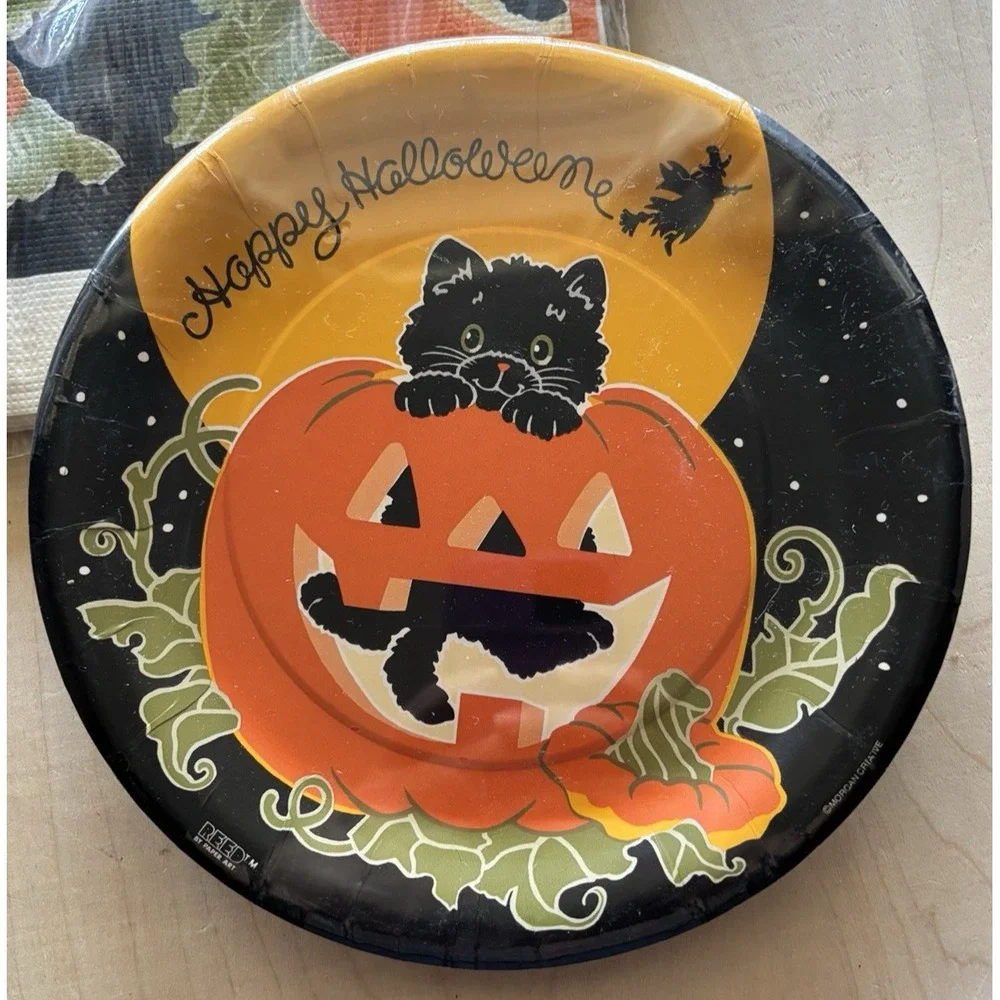 Vtg Halloween Party LOT of 5 CA Reed Black Kitten JOL Plates Tablecloth Cups
